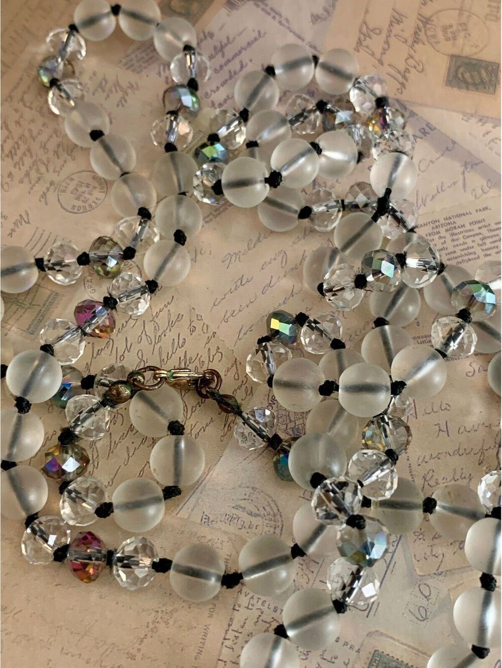Vintage Frosted Art Glass & Faceted Crystal Beaded Necklace